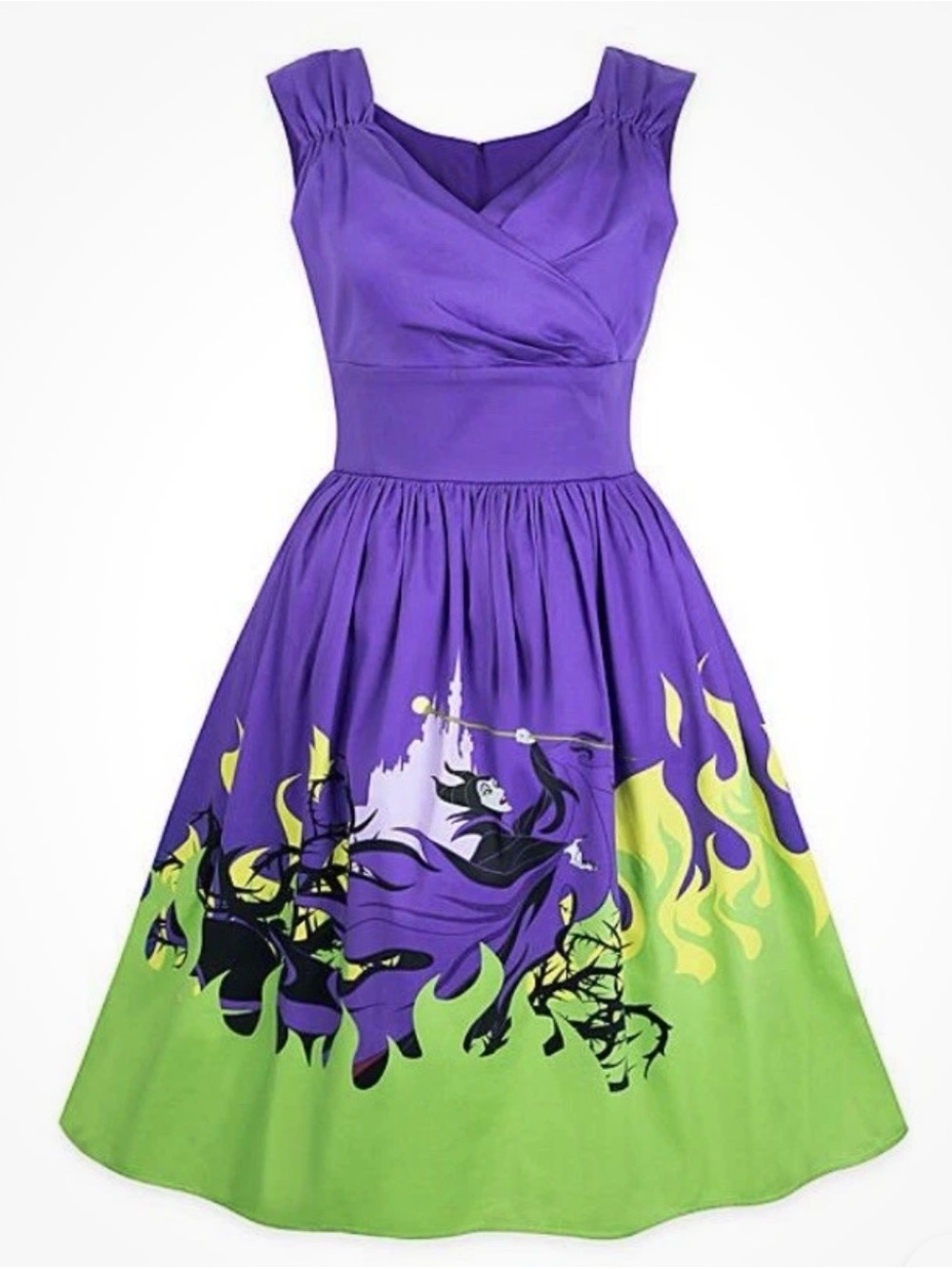 Maleficent Disney Purple and Green Sleeveless Midi Dress with Graphic Skirt